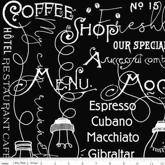 22" End of Bolt - SALE Coffee Chalk Cafe Blackboard C11035 Black - Riley Blake Designs - Chalkboard Text Icons - Quilting Cotton Fabric