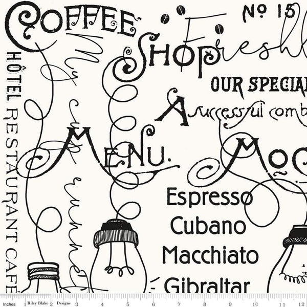 CLEARANCE Coffee Chalk Cafe Blackboard C11035 Off White - Riley Blake Designs - Chalkboard Text Icons - Quilting Cotton Fabric