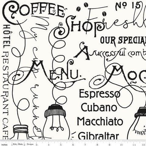 CLEARANCE Coffee Chalk Cafe Blackboard C11035 Off White - Riley Blake Designs - Chalkboard Text Icons - Quilting Cotton Fabric