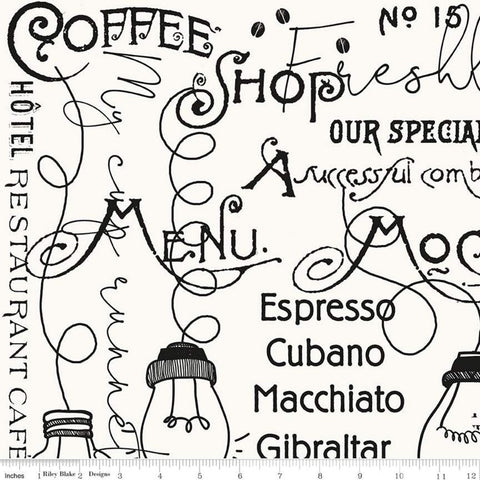 CLEARANCE Coffee Chalk Cafe Blackboard C11035 Off White - Riley Blake Designs - Chalkboard Text Icons - Quilting Cotton Fabric