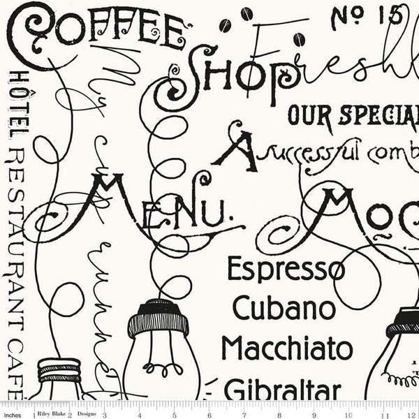 SALE Coffee Chalk Cafe Blackboard C11035 Off White - Riley Blake Designs - Chalkboard Text Icons - Quilting Cotton Fabric