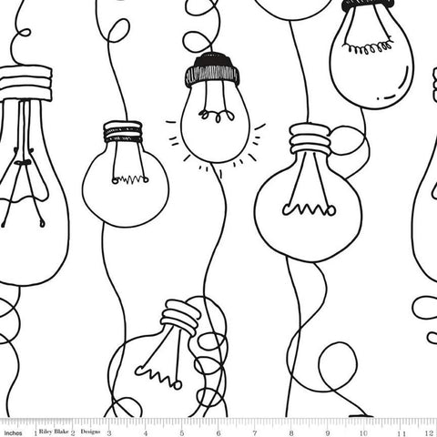 31" End of Bolt- SALE Coffee Chalk Cafe Bulbs C11036 White - Riley Blake Designs - Outlined Light Bulbs - Quilting Cotton Fabric