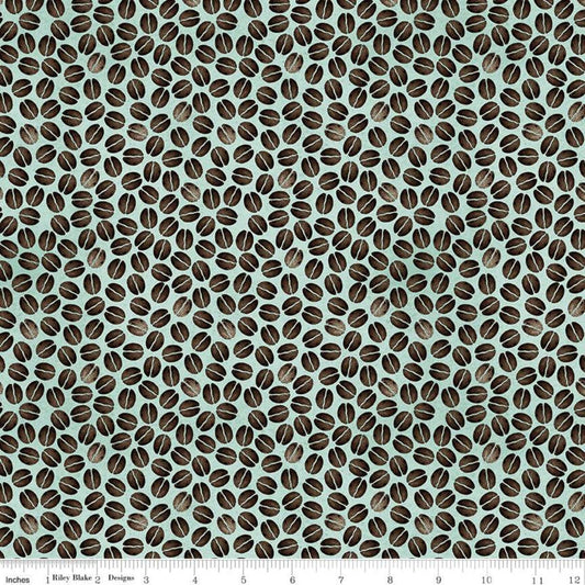 23" End of Bolt - DEAL Coffee Chalk Bean Toss C11037 Aqua - Riley Blake Designs - Coffee Beans on Blue - Quilting Cotton Fabric