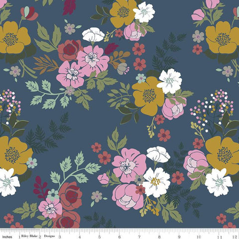 13" end of Bolt - Whimsical Romance Main C11080 Denim - Riley Blake Designs - Floral Flowers Blue - Quilting Cotton Fabric