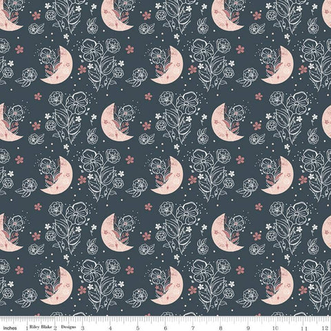 28" End of Bolt - SALE Beneath the Western Sky Floral Moons C11191 Dark Navy - Riley Blake - Flowers Moons Blue - Quilting Cotton Fabric