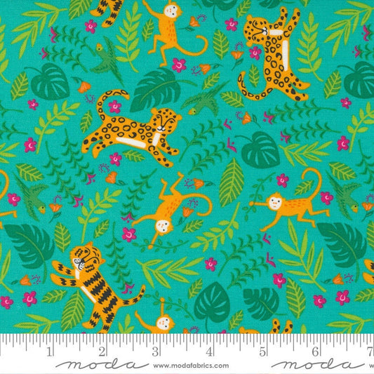10" End of Bolt DEAL Jungle Paradise Jungle Fun 20783 Peacock - Moda Fabrics - Tigers Monkeys Leopards Leaves Blue - Quilting Cotton Fabric