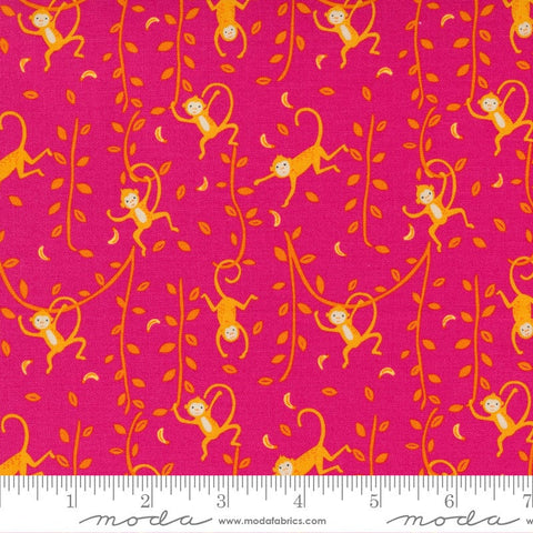 SALE Jungle Paradise Funny Monkey 20784 Hibiscus - Moda Fabrics - Monkeys Leaves Pink - Quilting Cotton Fabric