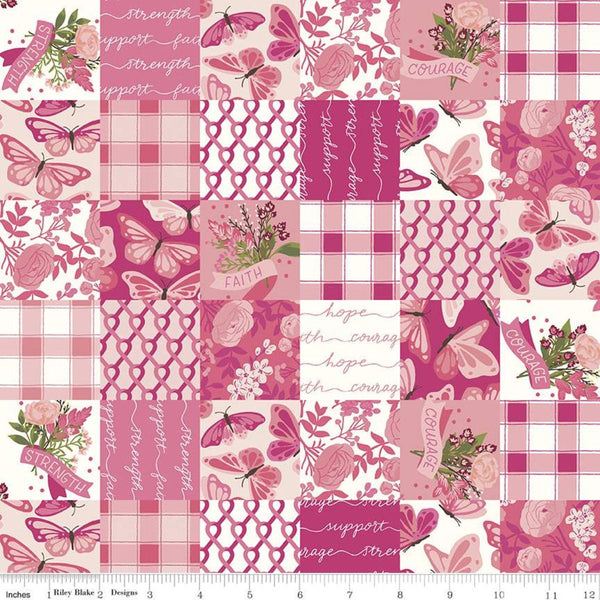 15" End of Bolt - SALE Hope in Bloom Cheater Print CH11027 Pink - Riley Blake - Breast Cancer PRINTED Patchwork Squares - Quilting Cotton