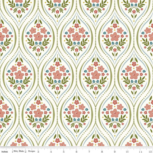 Fat Quarter End of Bolt Piece - CLEARANCE Primrose Hill Damask C11061 Cream - Riley Blake Designs - Floral Flowers - Quilting Cotton Fabric