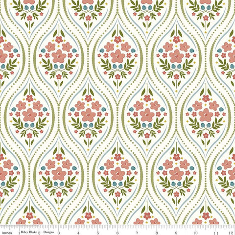 Fat Quarter End of Bolt Piece - CLEARANCE Primrose Hill Damask C11061 Cream - Riley Blake Designs - Floral Flowers - Quilting Cotton Fabric