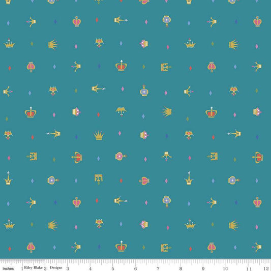 SUPER DEAL! 30" End of Bolt - Little Brier Rose Crown SC11075 Teal SPARKLE - Riley Blake - Antique Gold - Quilting Cotton Fabric