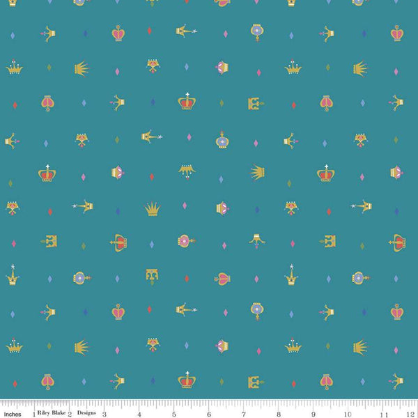 Fat Quarter End of Bolt - CLEARANCE Little Brier Rose Crown SC11075 Teal SPARKLE - Riley Blake - Gold SPARKLE - Quilting Cotton Fabric