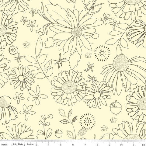 33" End of Bolt Piece- Adel in Autumn WIDE WB10831 Cream - Riley Blake - 107/108" Wide Brown Outlined Floral - Quilting Cotton Fabric