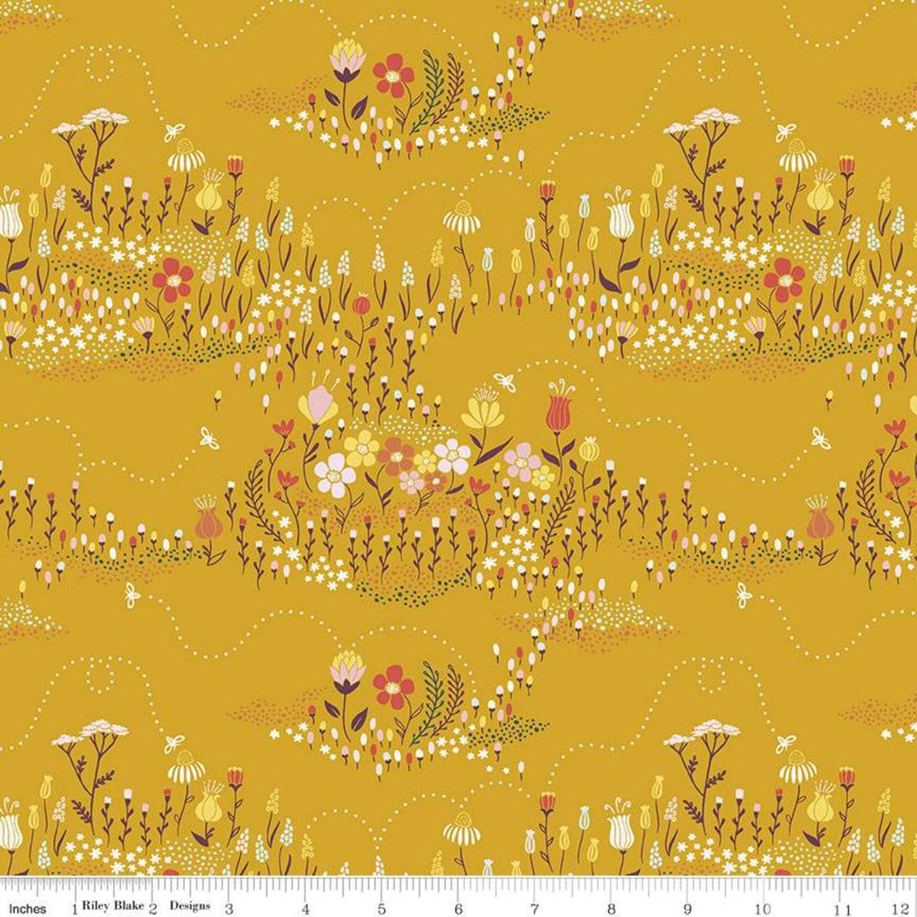 Harmony Buzzing Meadow C11092 Honey - Riley Blake Designs - Floral Flowers Bees Bee Gold - Quilting Cotton Fabric