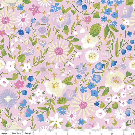 15" End of Bolt Little Brier Rose Floral SC11071 Pink SPARKLE - Riley Blake Designs - Flowers Antique Gold SPARKLE - Quilting Cotton Fabric