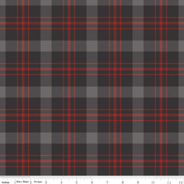 Fat Quarter End of Bolt - SALE Into the Woods Tartan C11392 Black - Riley Blake Designs - Plaid Red Gray Black - Quilting Cotton Fabric