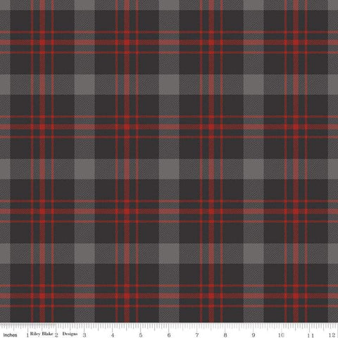 Fat Quarter End of Bolt - SALE Into the Woods Tartan C11392 Black - Riley Blake Designs - Plaid Red Gray Black - Quilting Cotton Fabric