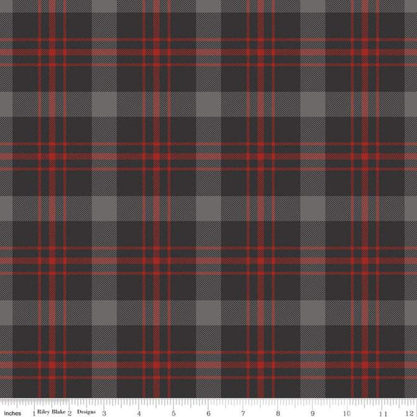 Fat Quarter End of Bolt - SALE Into the Woods Tartan C11392 Black - Riley Blake Designs - Plaid Red Gray Black - Quilting Cotton Fabric
