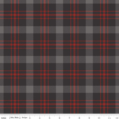 Fat Quarter End of Bolt - SALE Into the Woods Tartan C11392 Black - Riley Blake Designs - Plaid Red Gray Black - Quilting Cotton Fabric