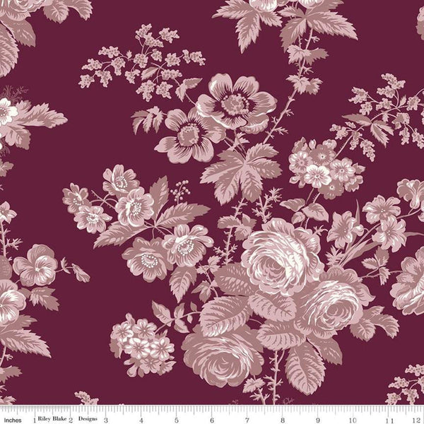 1yd 23" End of Bolt Piece - SALE Exquisite WIDE BACK WB10709 Burgundy - Riley Blake Designs - 107/108" Wide Floral - Quilting Cotton Fabric