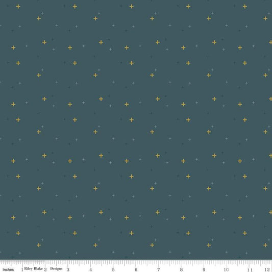 Fat Quarter End of Bolt - Sparkler SC650 Mediterranean SPARKLE - Riley Blake - Plus Signs Gold Metallic Green Blue - Quilting Cotton Fabric