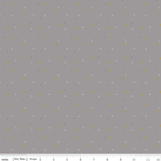 Fat Quarter End of Bolt - CLEARANCE Sparkler SC650 Gray SPARKLE - Riley Blake  - Plus Signs Gold SPARKLE Metallic - Quilting Cotton