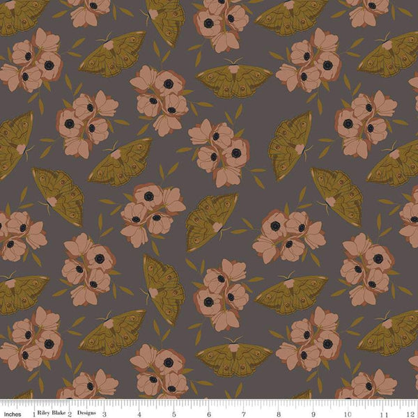 CLEARANCE Sonnet Dusk Moths C11292 Graphite - Riley Blake Designs - Floral Flowers - Quilting Cotton Fabric