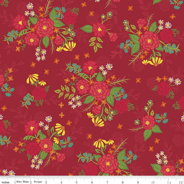 9" End of Bolt - Indigo Garden Main C11270 Red - Riley Blake Designs - Floral Flowers - Quilting Cotton Fabric