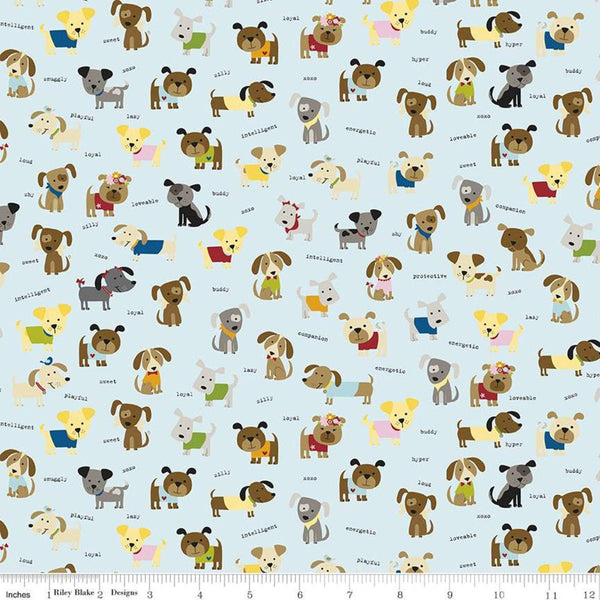 28"  End of Bolt - Cooper Dogs C11401 Aqua - Riley Blake Designs - Juvenile Children's Dogs Dog Text Blue - Quilting Cotton Fabric