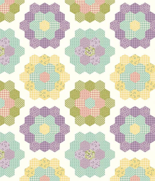 11" End of Bolt - Adel in Spring Cheater Print CH11429 Multi - Riley Blake - Grandma's Flower Garden Hexagons Cream - Quilting Cotton Fabric