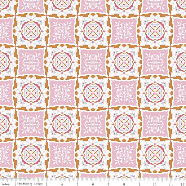 Fat Quarter End of Bolt - CLEARANCE Heartsong Tiles C11303 Pink - Riley Blake - Geometric Medallions with White - Quilting Cotton Fabric