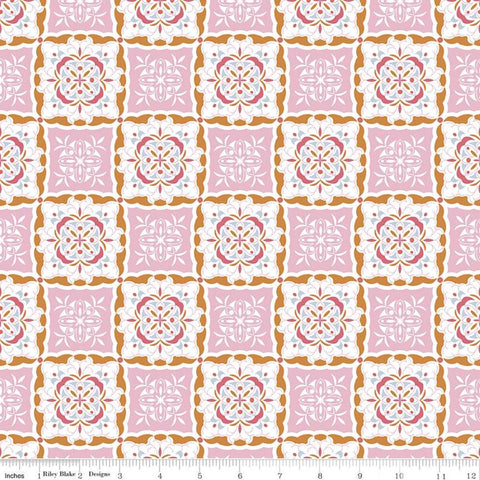 Fat Quarter End of Bolt - CLEARANCE Heartsong Tiles C11303 Pink - Riley Blake - Geometric Medallions with White - Quilting Cotton Fabric