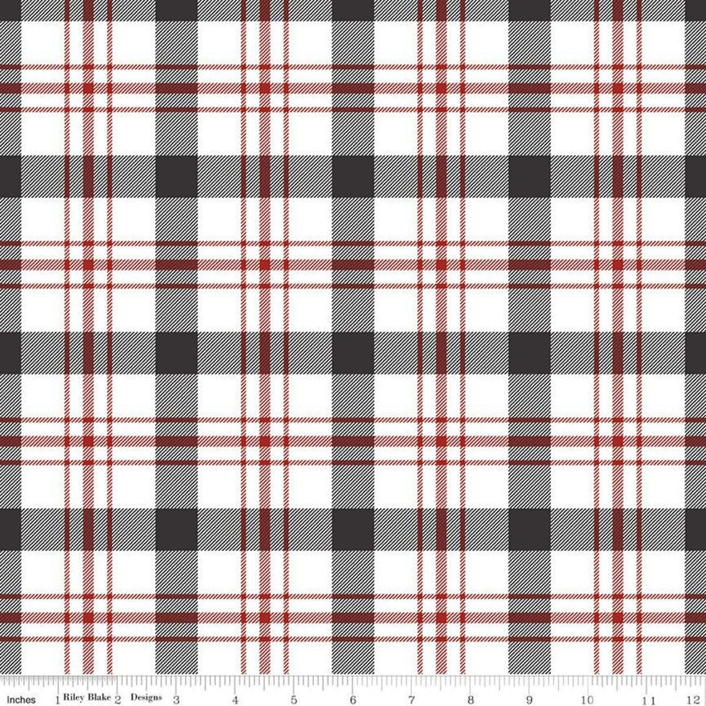 Fat Quarter End of bolt piece - SALE Into the Woods Tartan C11392 White - Riley Blake - Plaid Red Gray Black White - Quilting Cotton Fabric