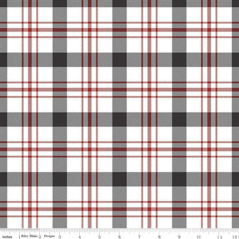 Fat Quarter End of bolt piece - SALE Into the Woods Tartan C11392 White - Riley Blake - Plaid Red Gray Black White - Quilting Cotton Fabric