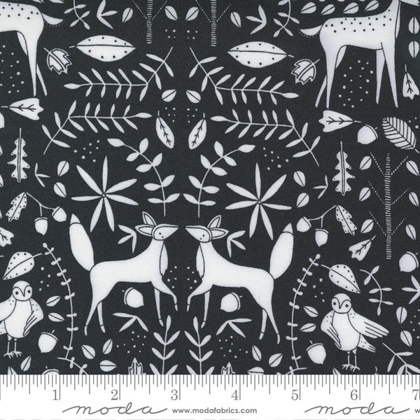 SALE Nocturnal Forest Otomi 48334 Night - Moda - Animals Owl Rabbit Fox Deer Off White on Black - Quilting Cotton Fabric