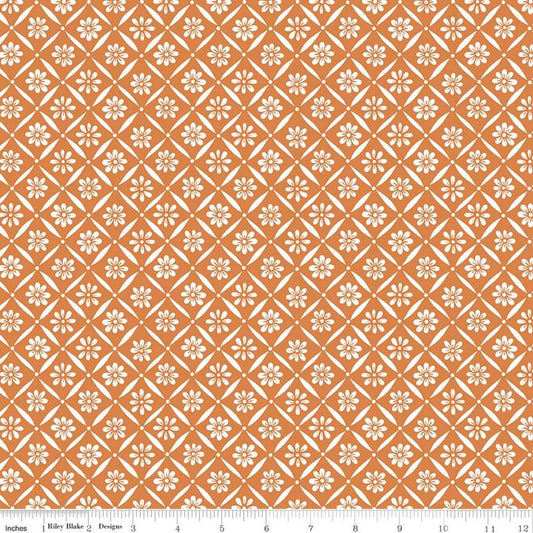 DEAL Indigo Garden Diagonal Daisy C11273 Orange - Riley Blake Designs - Floral Cream Flowers Geometric Lattice - Quilting Cotton Fabric