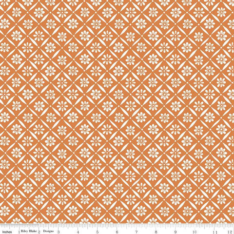 Indigo Garden Diagonal Daisy C11273 Orange - Riley Blake Designs - Floral Cream Flowers Geometric Lattice - Quilting Cotton Fabric