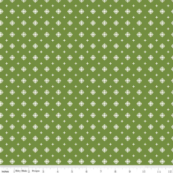 SALE Indigo Garden Plus Print C11276 Green - Riley Blake Designs - Geometric Cream on Green - Quilting Cotton Fabric