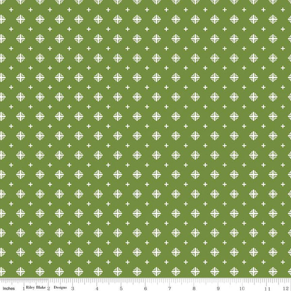 SALE Indigo Garden Plus Print C11276 Green - Riley Blake Designs - Geometric Cream on Green - Quilting Cotton Fabric