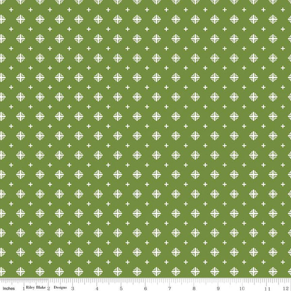 SALE Indigo Garden Plus Print C11276 Green - Riley Blake Designs - Geometric Cream on Green - Quilting Cotton Fabric