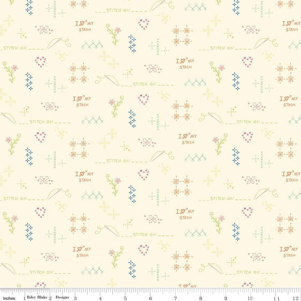 Fat Quarter End of Bolt - Indigo Garden Sashiko C11277 Cream - Riley Blake - Printed Embroidery Stitches Designs Text - Quilt Cotton Fabric