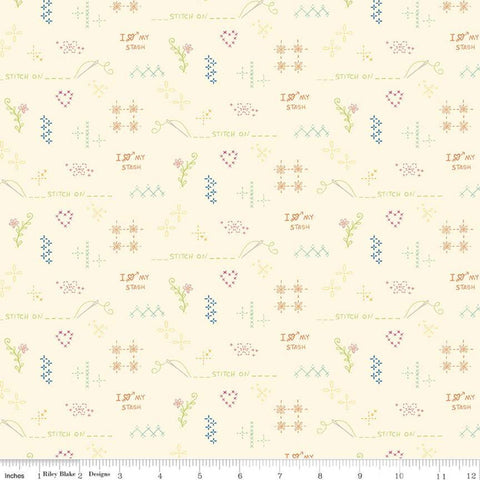 Fat Quarter End of Bolt - Indigo Garden Sashiko C11277 Cream - Riley Blake - Printed Embroidery Stitches Designs Text - Quilt Cotton Fabric