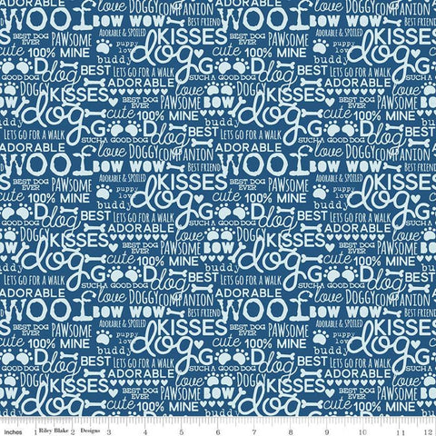 9" End of Bolt - SALE Cooper Words C11402 Blue - Riley Blake Designs - Dogs Dog Text - Quilting Cotton Fabric