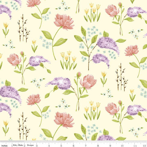 17" End of Bolt - Adel in Spring Main C11420 Cream - Riley Blake Designs - Floral Flowers Sprigs - Quilting Cotton Fabric