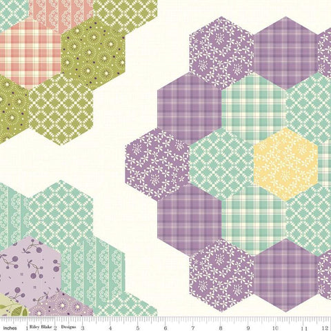 Fat Quarter End of Bolt - Adel in Spring Cheater Print CH11429 Multi - Riley Blake - Grandma's Flower Hexagons Cream -Quilting Cotton Fabric