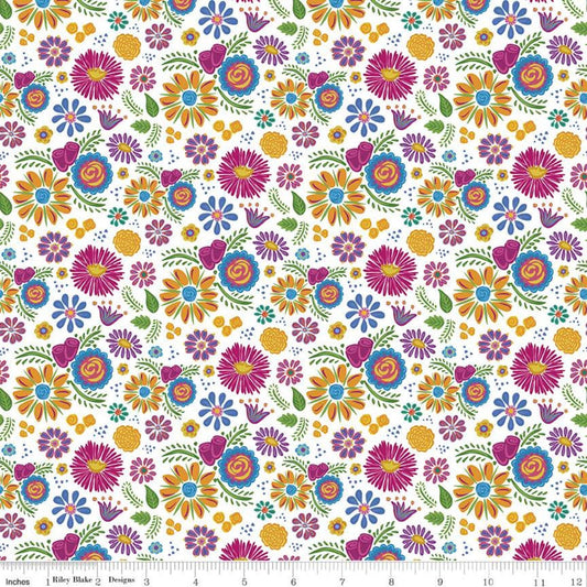 25" End of Bolt - SALE Eleanor Floral C11714 White - Riley Blake Designs - Mexico Mexican Flowers Floral - Quilting Cotton Fabric