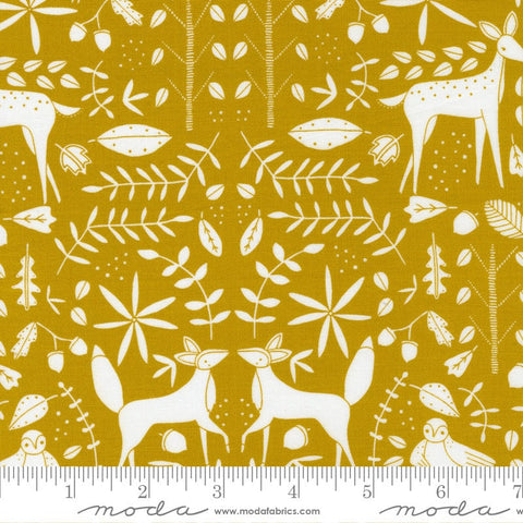 Fat Quarter End of Bolt - SALE Nocturnal Forest Otomi 48334 Gold - Moda Fabrics - Animals Owl Rabbit Fox Off White - Quilting Cotton Fabric