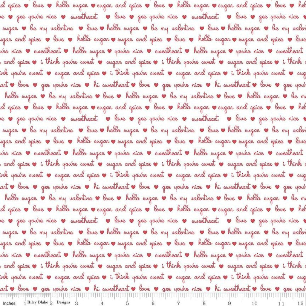 Sugar and Spice Endearments C11413 White - Riley Blake Designs - Valentine's Red Hearts Text Words on White - Quilting Cotton Fabric