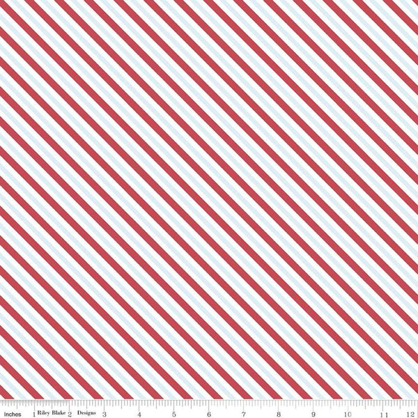 21" End of Bolt - SALE Sugar and Spice Stripe C11415 Aqua - Riley Blake - Valentine Diagonal Stripes Blue Red White - Quilting Cotton Fabric