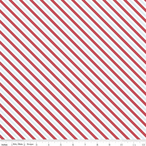 21" End of Bolt - SALE Sugar and Spice Stripe C11415 Aqua - Riley Blake - Valentine Diagonal Stripes Blue Red White - Quilting Cotton Fabric